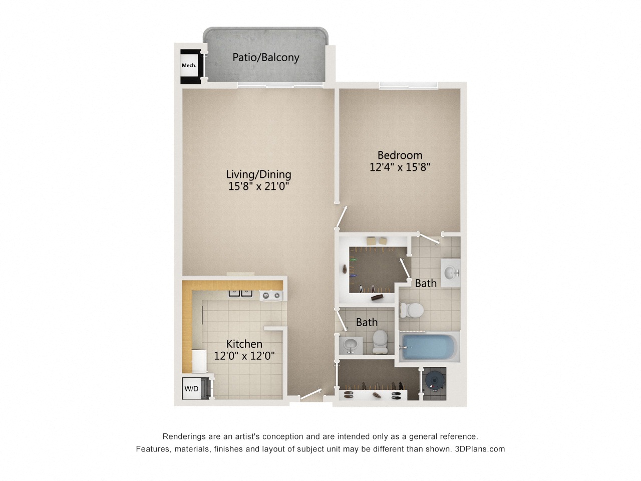 Floor plan layout diagram for 1 Bedroom 1.5 bath Type B & C